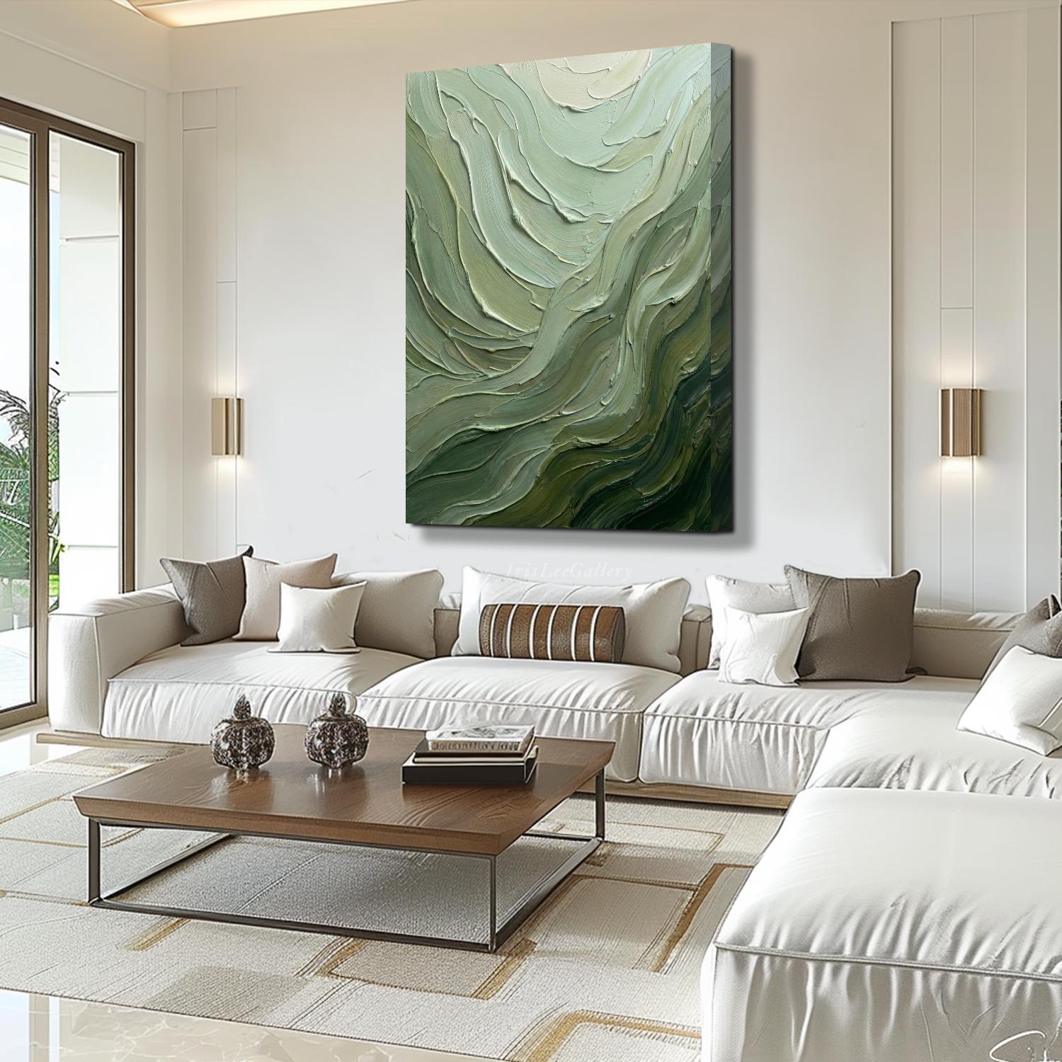 Sage Green Oil Painting on Canvas 3D Impasto Textured Wall Art Handmade ...