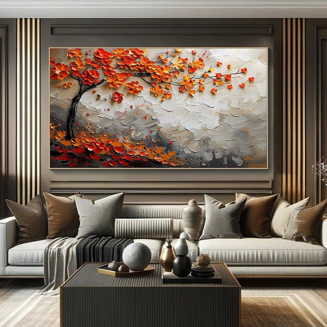 Vibrant Orange Blossom Tree Oil Painting on Canvas 3D Textured Wall Art ...