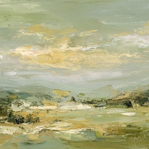 May include: An abstract landscape painting with a palette of greens, yellows, and whites. The artwork depicts rolling hills, a field, and a cloudy sky. The brushstrokes are visible, creating a textured effect. The painting evokes a sense of tranquility.