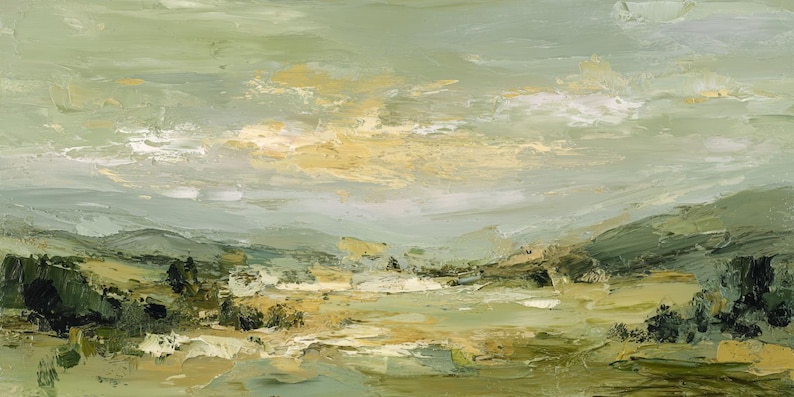 May include: An abstract landscape painting with a palette of greens, yellows, and whites. The artwork depicts rolling hills, a field, and a cloudy sky. The brushstrokes are visible, creating a textured effect. The painting evokes a sense of tranquility.