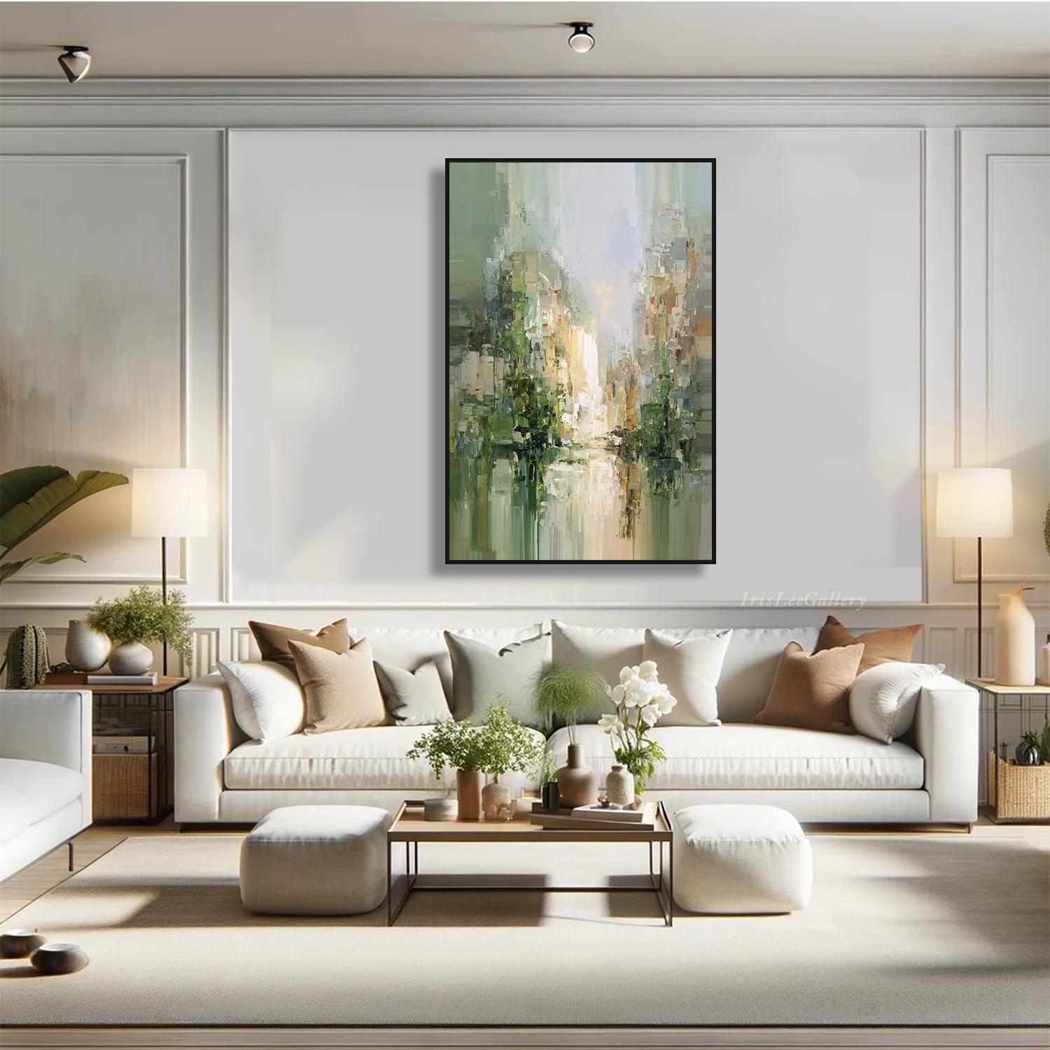 Abstract Landscape Oil Painting on Canvas Green Beige Textured Wall Art ...