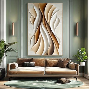 May include: Abstract wall art featuring a 3D design of overlapping, curved shapes in shades of brown, beige, and white. The artwork is displayed on a wall in a living room setting with a sofa and plants.