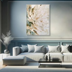 May include: A rectangular wall art piece featuring an abstract floral painting with thick, textured impasto brushstrokes in shades of cream, white, beige, and muted sage green, displayed in a thin white frame on a blue wall.