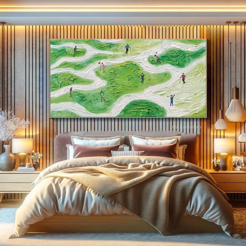 May include: A painting of a golf course with green grass and white sand traps. There are several figures of golfers in the painting, all wearing different colored clothing. The painting is done in a textured style, with thick brushstrokes.