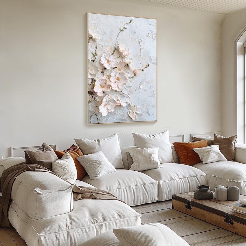 Original 3D Textured Wall Art Flower Painting on Canvas Neutral Tone ...