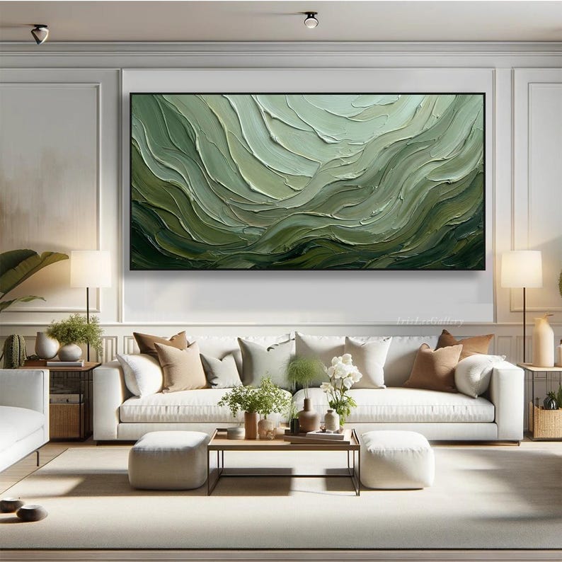 Sage Green 3D Oil Painting on Canvas Texture Abstract Wall Art ...