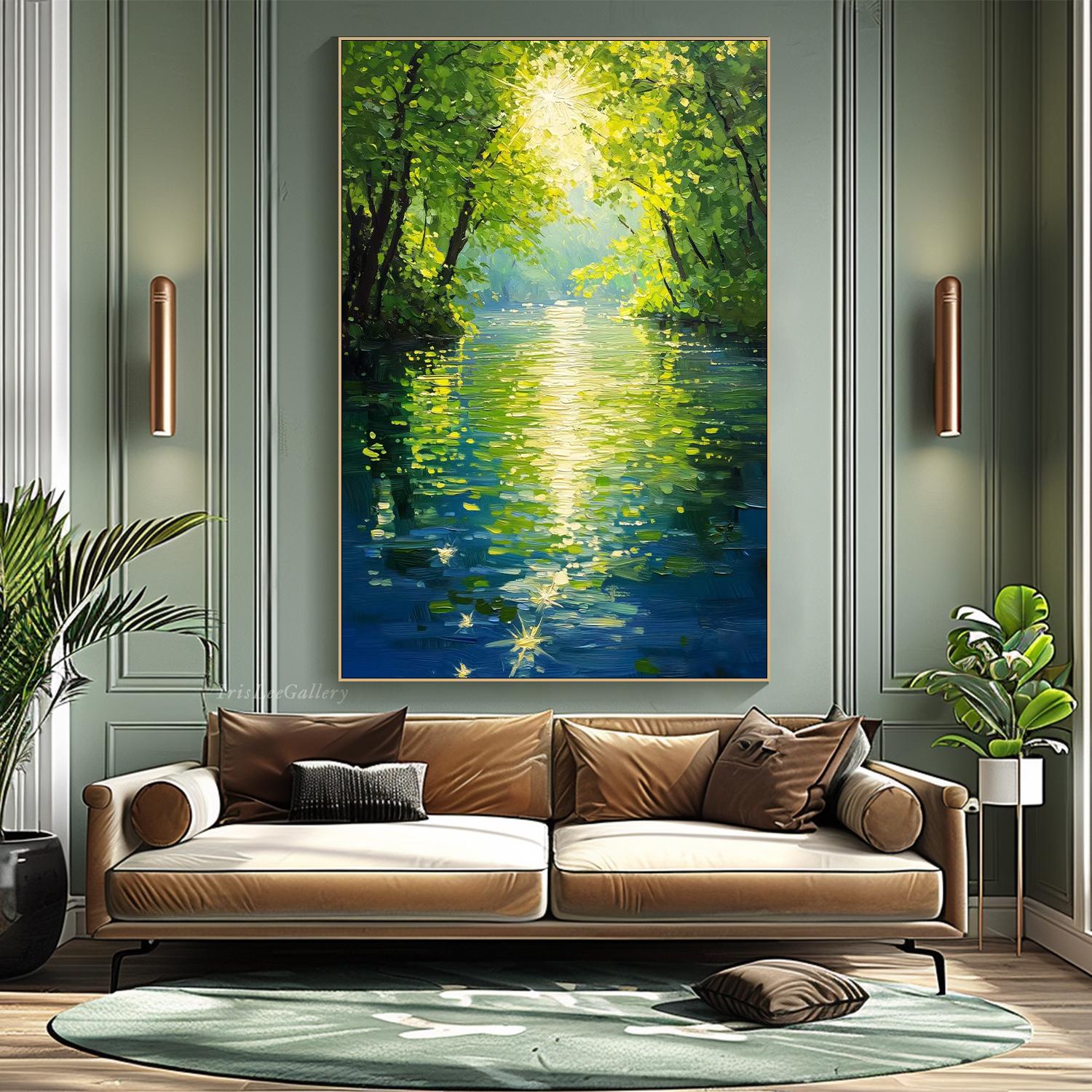 Sunlight Forest Landscape Oil Painting on Canvas Textured Green River ...