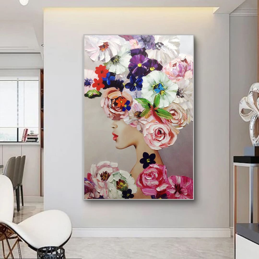 Original Beautiful Girl Painting on Canvas 3D Textured Flower Wall Art