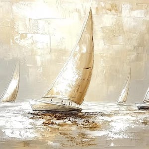 May include: An abstract painting depicting sailboats on water. The artwork shows several white sailboats with beige sails, set against a textured background of beige and grey tones. The painting evokes a sense of calm and serenity.