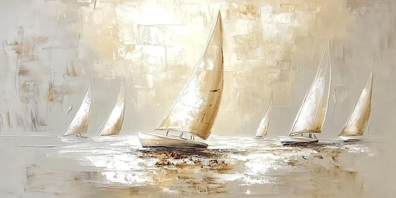 May include: An abstract painting depicting sailboats on water. The artwork shows several white sailboats with beige sails, set against a textured background of beige and grey tones. The painting evokes a sense of calm and serenity.