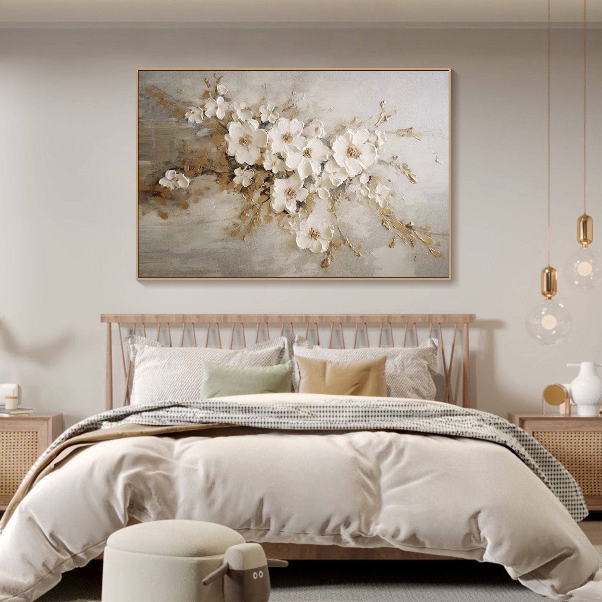 Art Neutral Textured Etsy Wall Custom Original Flower Room - Painting Art Floral Modern Wall on Living Tone Wall Art Canvas Painting Fancy Art