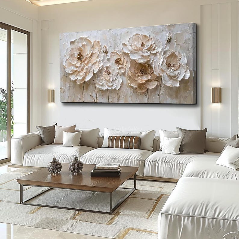 White Flower Oil Painting on Canvas 3D Textured Wall Art Modern Neutral ...