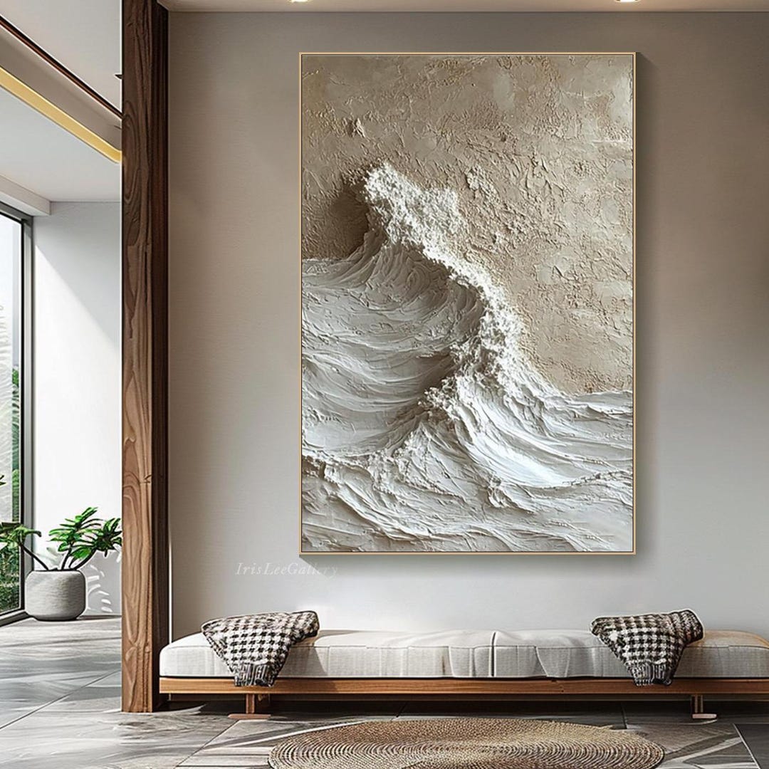 3D Beige Wave Oil Painting on Canvas Textured Abstract Ocean Wall Art ...