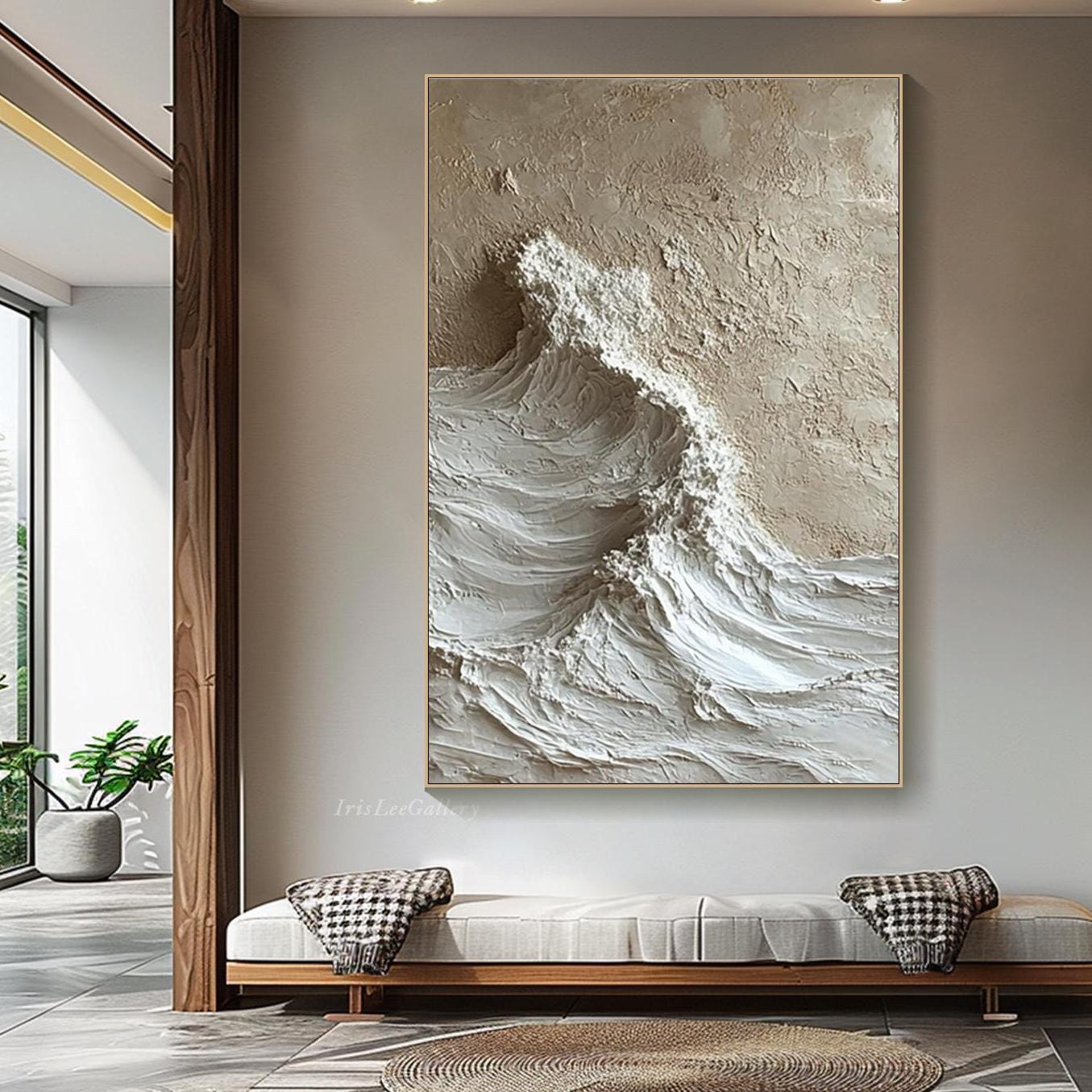 3D Beige Wave Oil Painting On Canvas Textured Abstract Ocean Wall Art Large White Seascape Wall Art Modern Soft Neutral Coastal Wall Decor