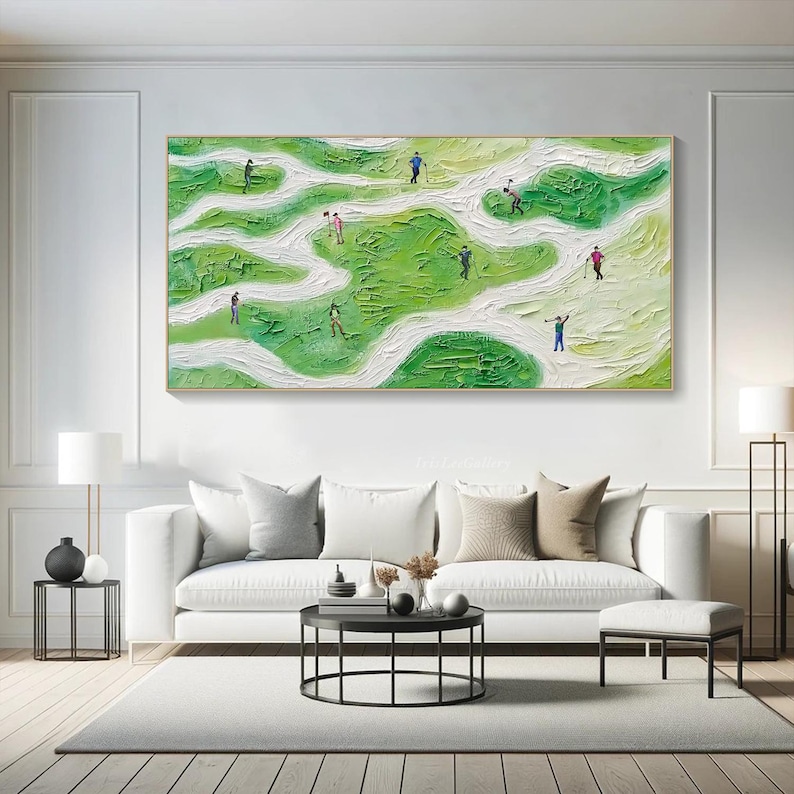 May include: Abstract painting of a golf course with green and white colors. The painting depicts a group of people playing golf on a winding course.