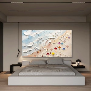May include: A painting of a beach scene with colorful umbrellas and people. The painting is done in a textured style, with thick brushstrokes and a light blue background.