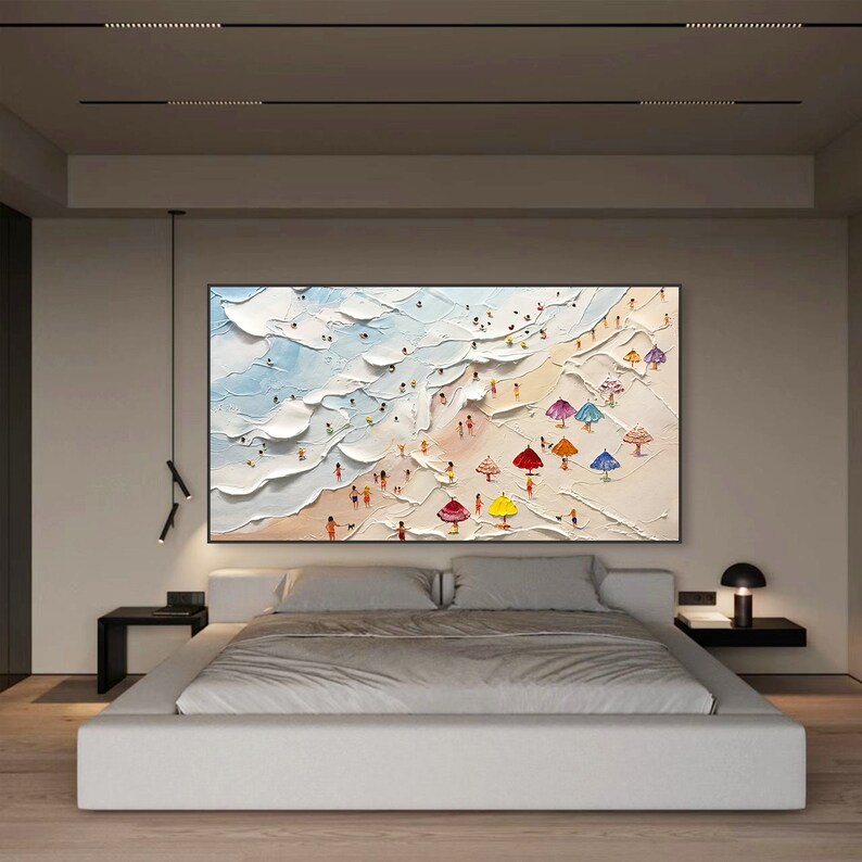 May include: A painting of a beach scene with colorful umbrellas and people. The painting is done in a textured style, with thick brushstrokes and a light blue background.