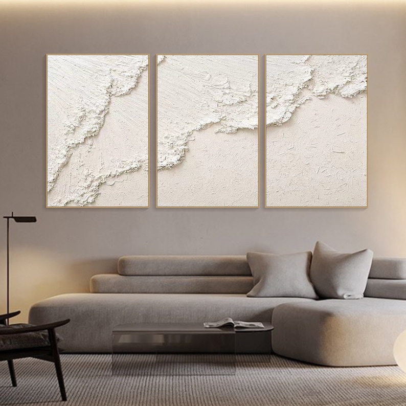 Original 3D White Minimalist Textured Wall Art Triptych Ocean Wave Painting on Canvas Neutural Tone Wabi-Sabi Wall Art Living Room Painting image 1