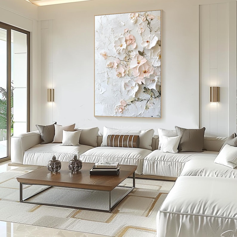 Original 3D Textured Wall Art Flower Painting on Canvas Neutral Tone ...