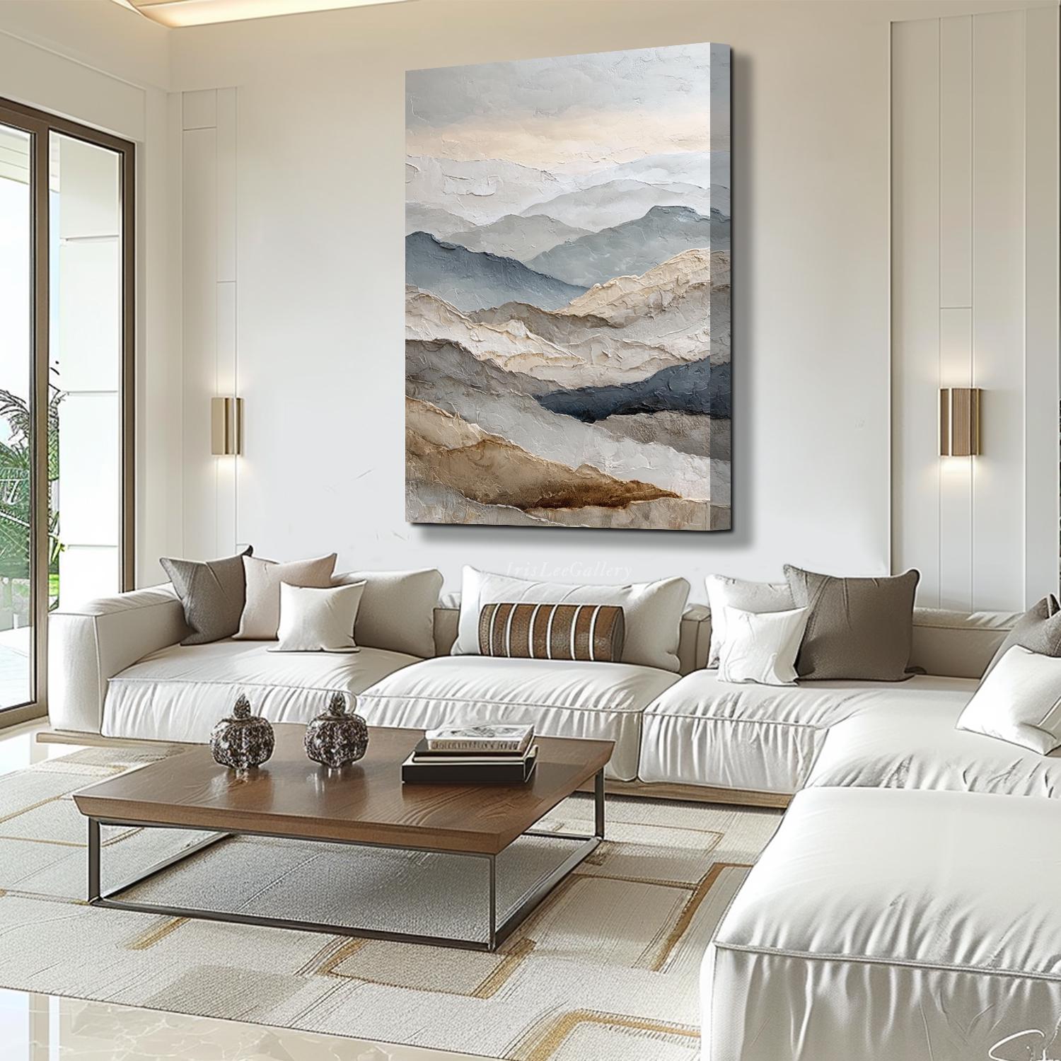 Textured Mountain Landscape Oil Painting on Canvas Neutral 3D Wall Art ...