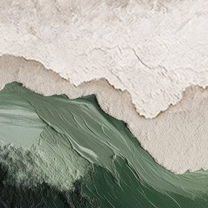 May include: Abstract painting with a textured, white background and a green and dark green foreground. The green paint is layered and textured, creating a wave-like pattern.