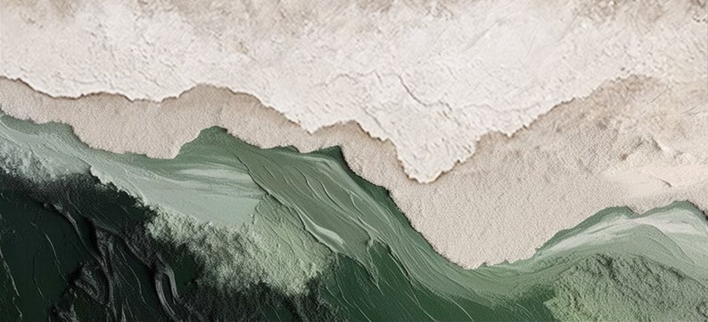 May include: Abstract painting with a textured, white background and a green and dark green foreground. The green paint is layered and textured, creating a wave-like pattern.