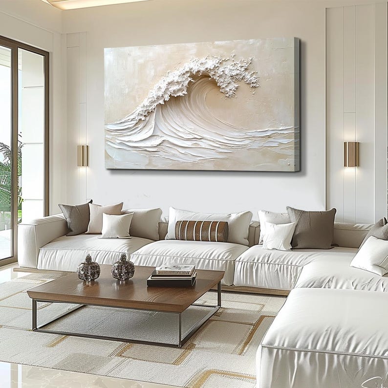 3D Beige Wave Oil Painting on Canvas Textured Abstract Ocean Wall Art ...