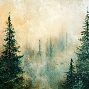 Puede incluir: Una pintura que representa una escena de bosque con altos pinos verdes en primer plano y un fondo brumoso de color azul claro. Los &aacute;rboles est&aacute;n agrupados, creando una sensaci&oacute;n de profundidad y misterio.