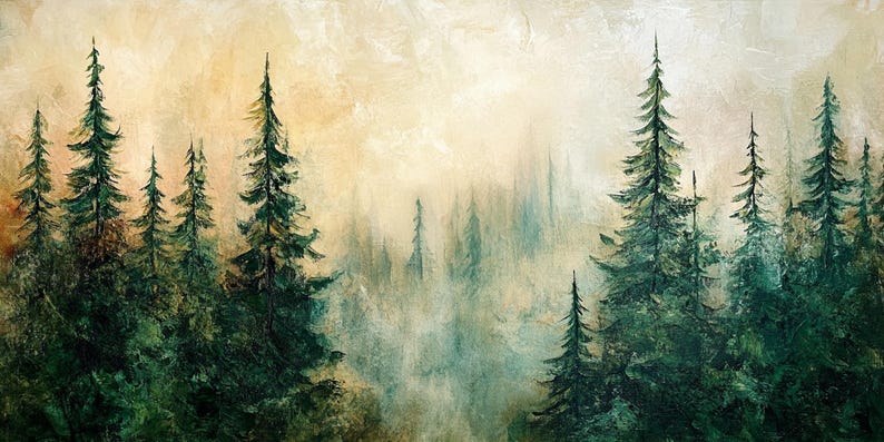 Puede incluir: Una pintura que representa una escena de bosque con altos pinos verdes en primer plano y un fondo brumoso de color azul claro. Los &aacute;rboles est&aacute;n agrupados, creando una sensaci&oacute;n de profundidad y misterio.