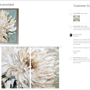 May include: Two-panel artwork featuring a large, textured floral design in cream, beige, and brown tones. The artwork is set against a light teal background and framed in a silver-toned border. The text "Final confirmed version designed by Iris" is visible.