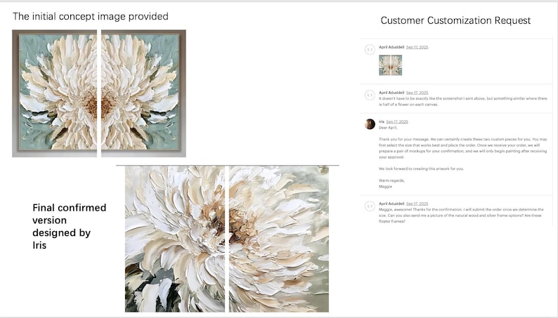 May include: Two-panel artwork featuring a large, textured floral design in cream, beige, and brown tones. The artwork is set against a light teal background and framed in a silver-toned border. The text "Final confirmed version designed by Iris" is visible.