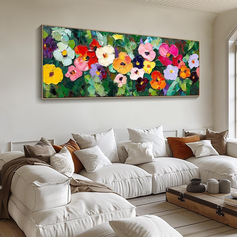 Horizontal 3D Textured Flower Wall Art Large Long Wide Floral Painting