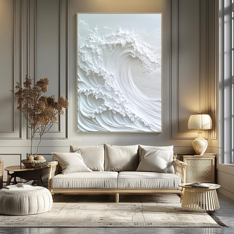 3D White Minimalist Beach Painting Textured Wall Art Ocean Wave ...
