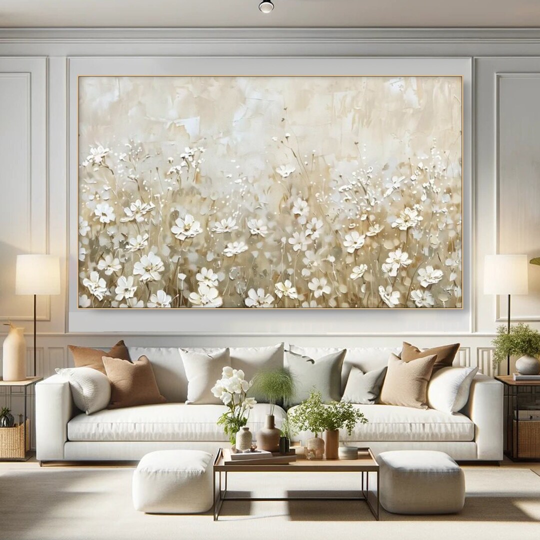 3D Floral Painting on Canvas Neutral Wall Art Large Canvas Art Modern
