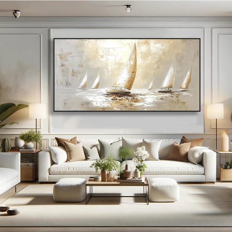 May include: Large framed abstract painting of sailboats on water. The artwork features a neutral colour palette with beige, white, and brown tones. The sailboats have beige sails, and the water reflects light.