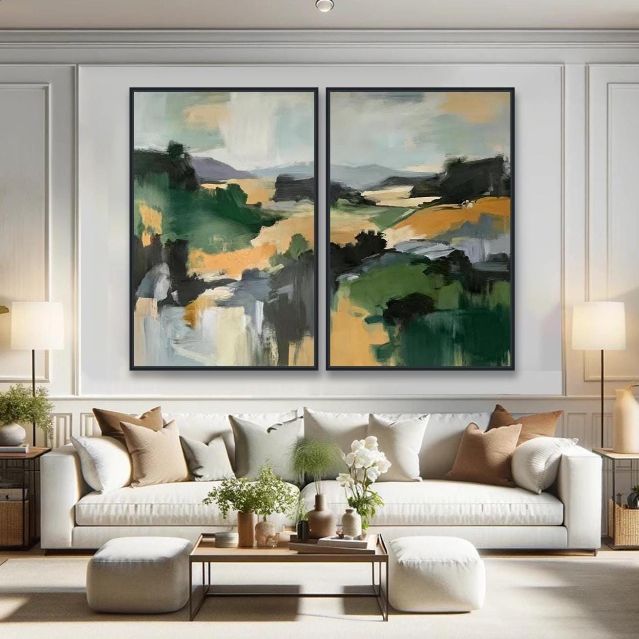 Abstract Landscape Oil Painting on Canvas Set of 2 Green and Gold ...