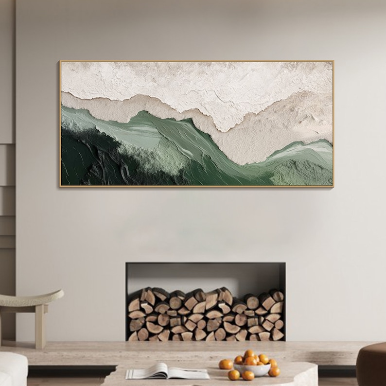 May include: Abstract painting with a green and white color scheme. The painting depicts a landscape with rolling hills and valleys. The painting is framed in a thin, gold frame.