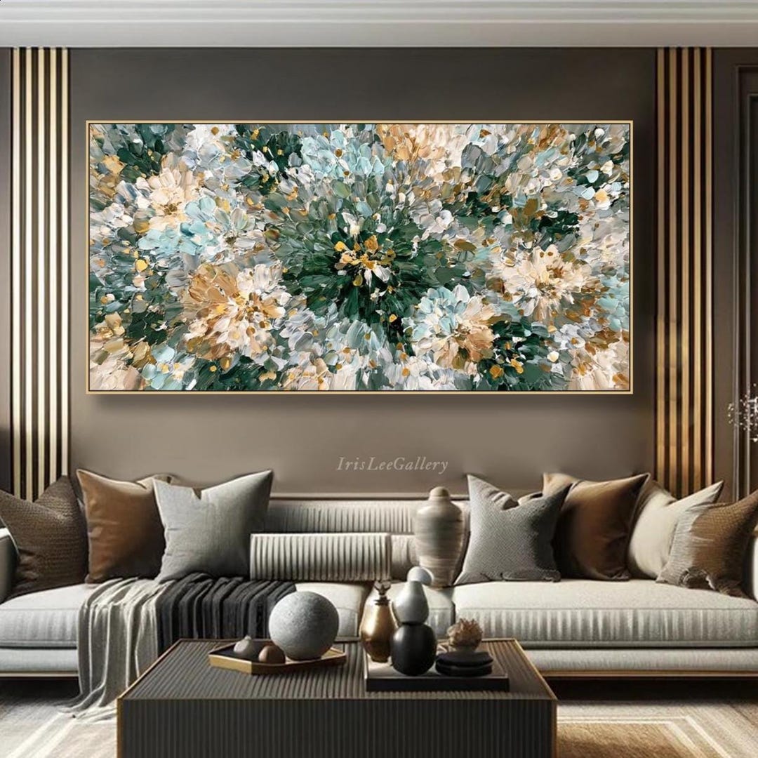 Abstract Floral Oil Painting on Canvas Green Texture Wall Art Original ...