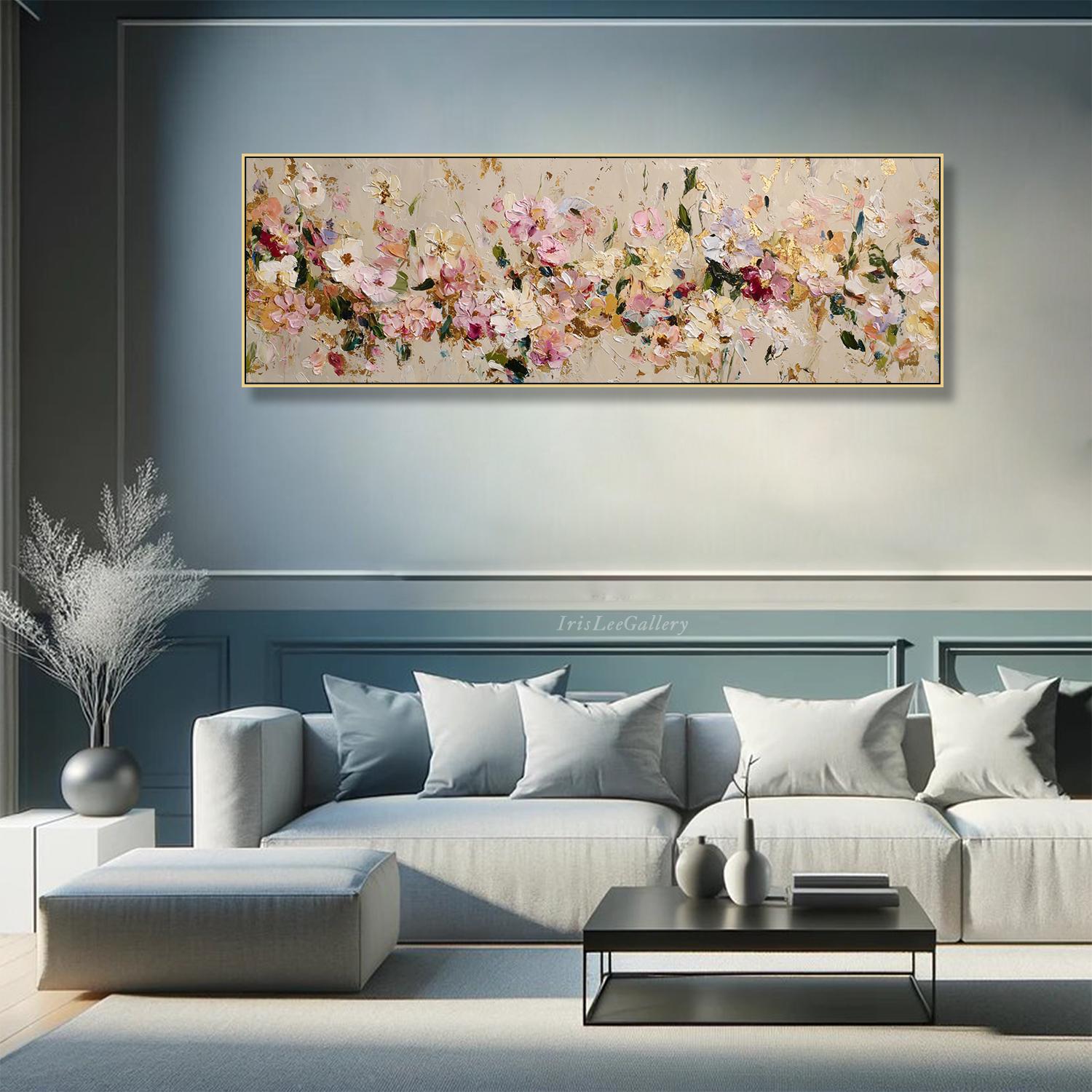 Abstract Floral Oil Painting on Canvas Textured Pink White Wall Art ...