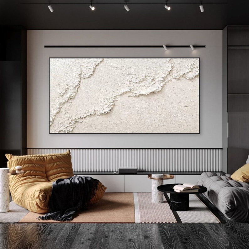 Original 3D White Minimalist Textured Wall Art Triptych Ocean Wave Painting on Canvas Neutural Tone Wabi-Sabi Wall Art Living Room Painting image 9