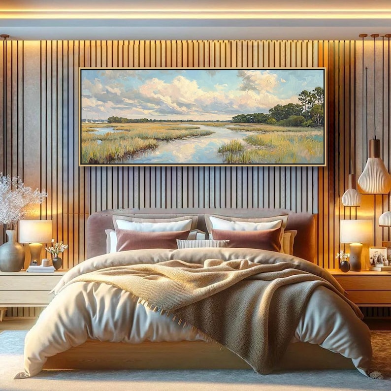 Coastal Marsh Landscape Oil Painting on Canvas Textured Wetland Wall ...