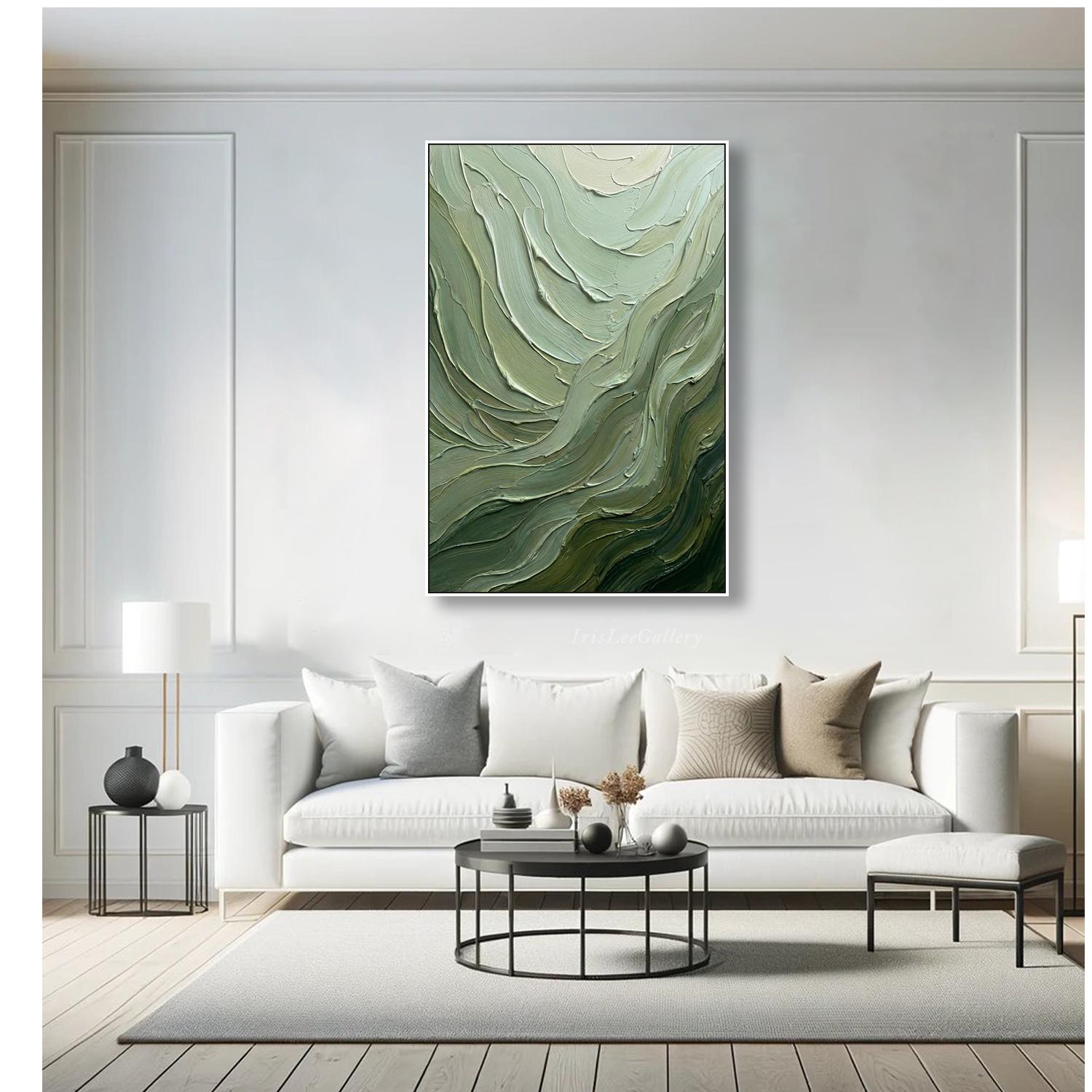 Sage Green Oil Painting on Canvas 3D Impasto Textured Wall Art Handmade ...
