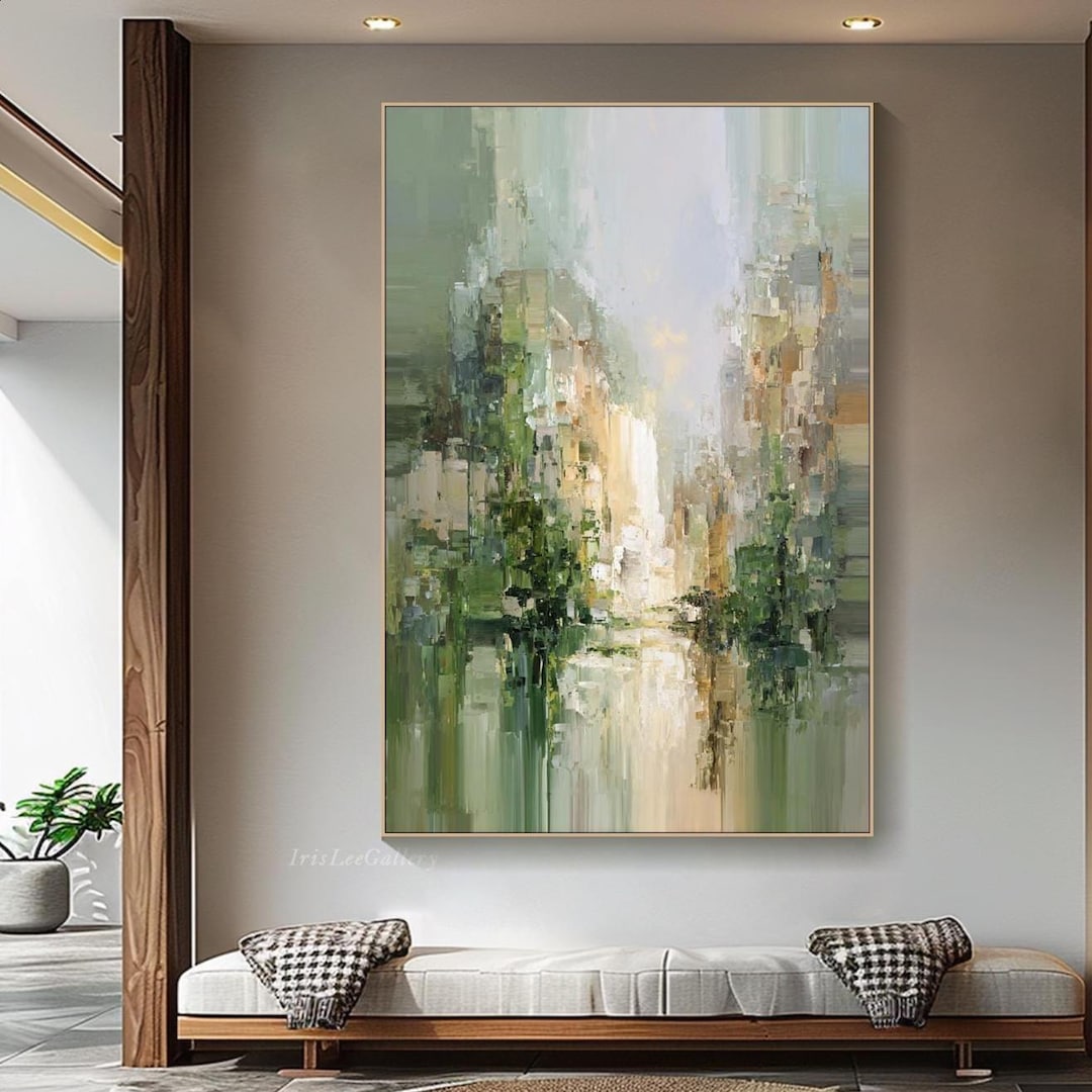 Abstract Landscape Oil Painting on Canvas Green Beige Textured Wall Art ...