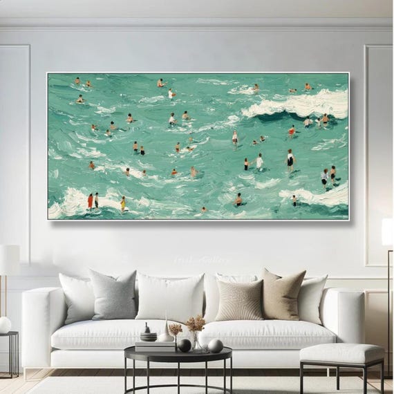 Beach Scene Oil Painting On Canvas Textured Summer Ocean Wall Art Large Horizontal Coastal Seascape Art People Swimming Wall Decor