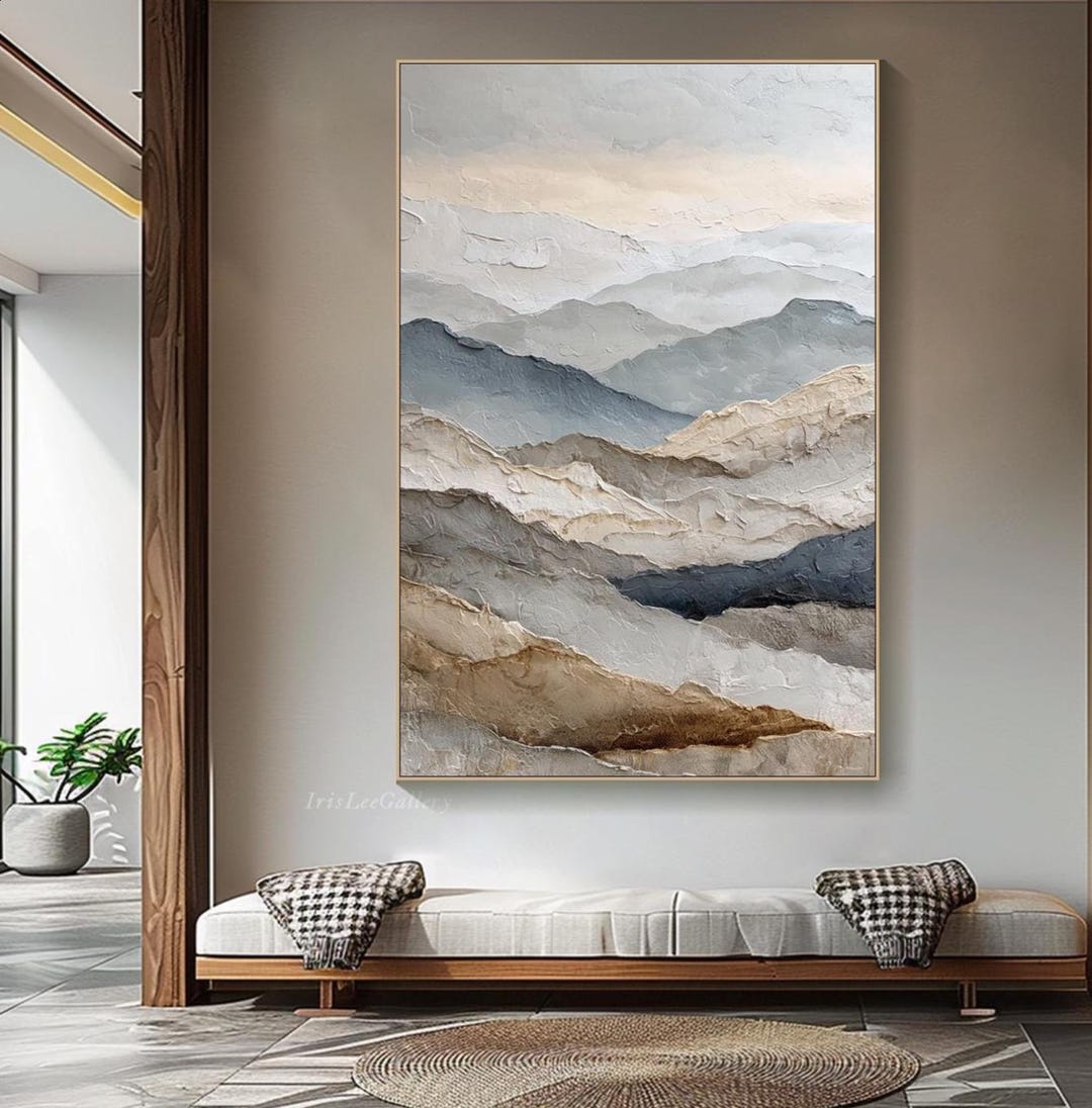Textured Mountain Landscape Oil Painting on Canvas Neutral 3D Wall Art ...