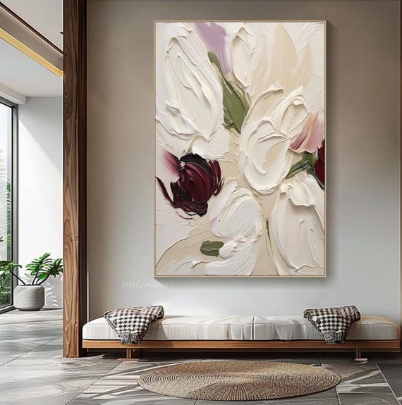 Original Textured Flower Wall Art Abstract Floral Oil Painting on Canvas Cream White Blossom Wall Art Modern Minimalist Living Room Wall Art