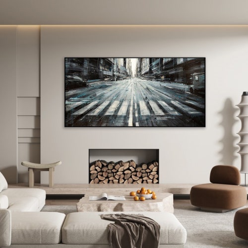 Black White City Skyline Painting On shops Canvas Centrual Crosswalk Wall Art Living Room Wall Decor Fashion Wall Decor Custom Canvas Wall Art
