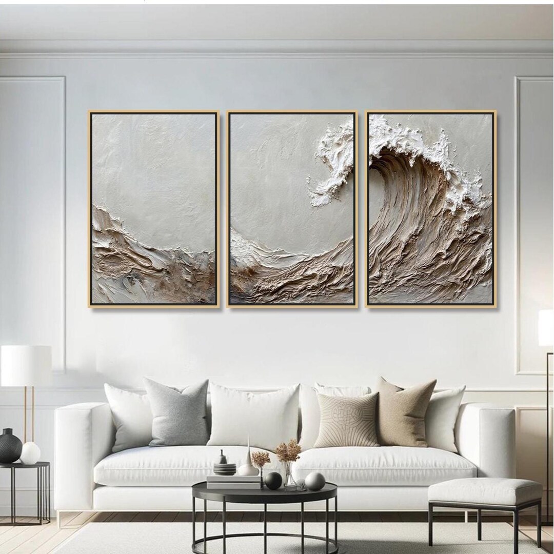 Wabi Sabi Ocean Wave Oil Painting on Canvas 3 Pieces Textured Wall Art ...