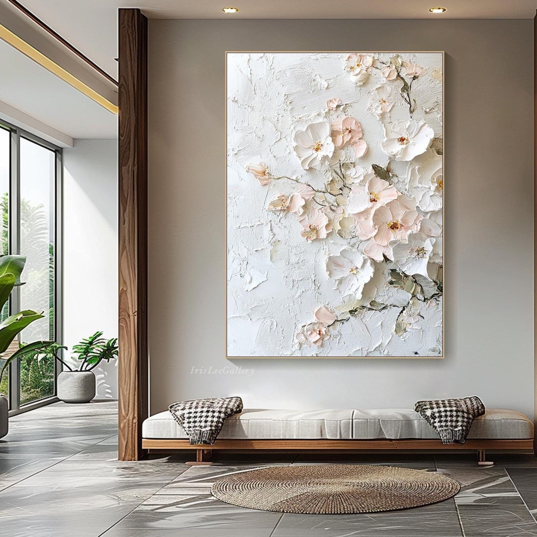 Original 3D Textured Wall Art Flower Painting on Canvas Neutral Tone ...