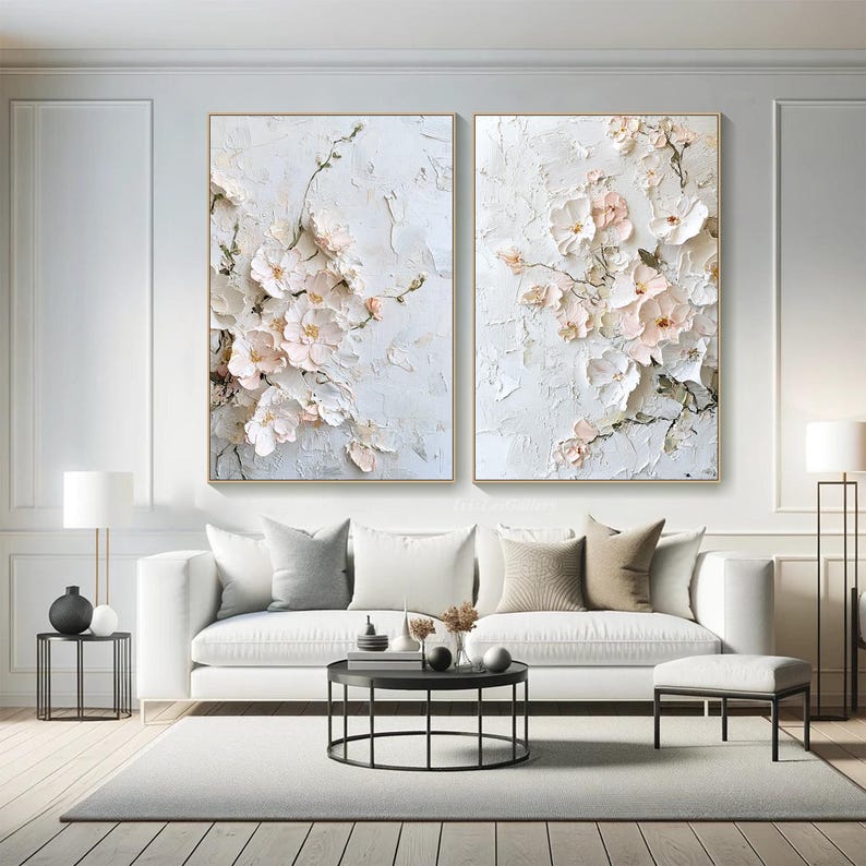 Original 3D Textured Wall Art Flower Painting on Canvas Neutral Tone